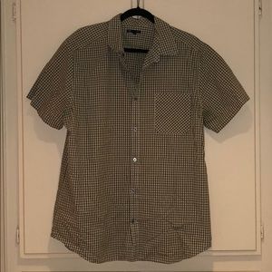 Green and white short sleeve button up shirt